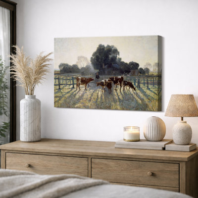 Cattle in Pasture at Dawn Artwork, Kitchen Room Pictures, Framed Canvas Giclee Print Wall Art.
