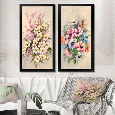 Bouquet de fleurs blanches romantiques - Ensemble de 2 peintures sur toiles