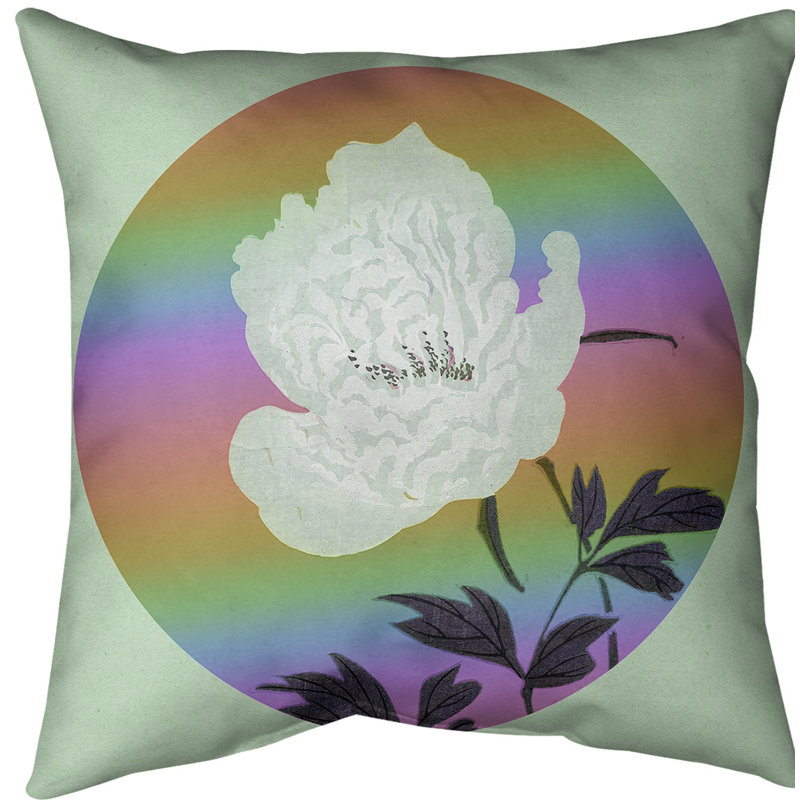 Coussin de peinture à fleur japonaise, 16 po x 1 po, Fleur verte / arc-en-ciel, Sergé de coton