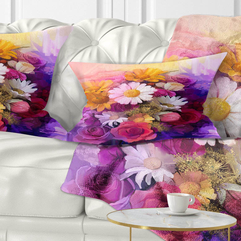 Coussin floral avec bouquet de fleurs différentes, 12 po x 20 po, Rectangle