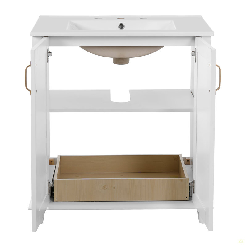 Meuble-lavabo de 30 po avec lavabo en céramique, ensemble de meuble-lavabo autoportant avec tiroir caché, armoire de rangement pour la salle de bain