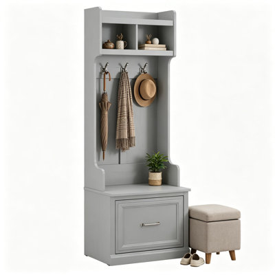 Arbre d'entrée Woodland 24 W avec petit banc à chaussures et tiroir, rangement étroit pour vestibule, gris