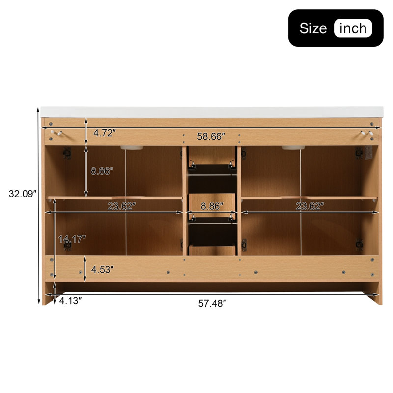 Ensemble de meuble-lavabo autoportant 59,3 pouces avec plateau SMC, armoire en panneau de fibres à densité moyenne avec cadre en bois massif, quatre portes, trois tiroirs, portes à fermeture en douceur, meuble-lavabo moderne pour les grandes salles de bain