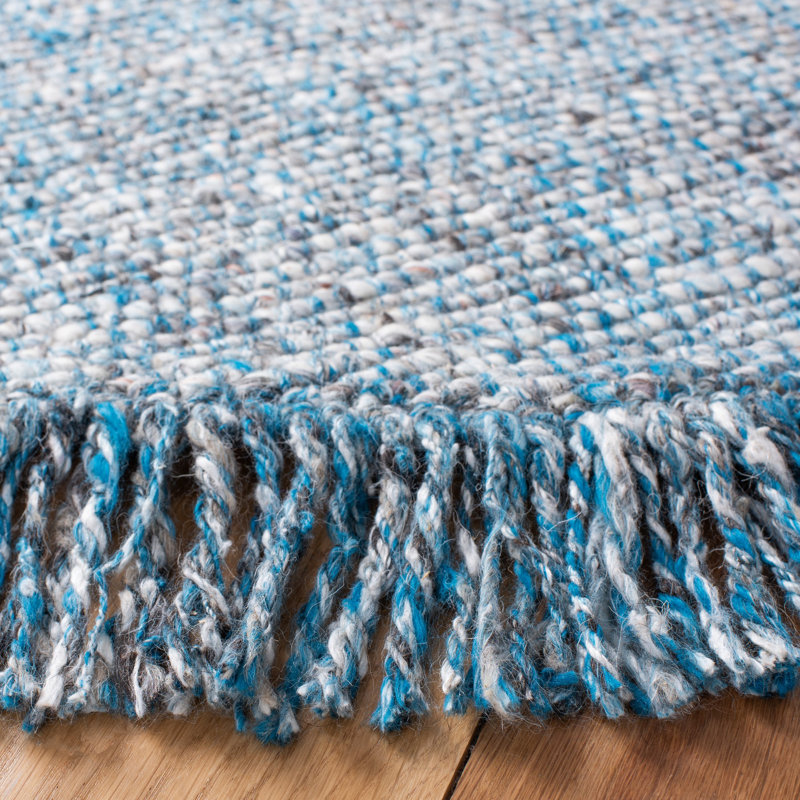 Tapis bleu / gris en laine tissé à la main, Carré 6 pi