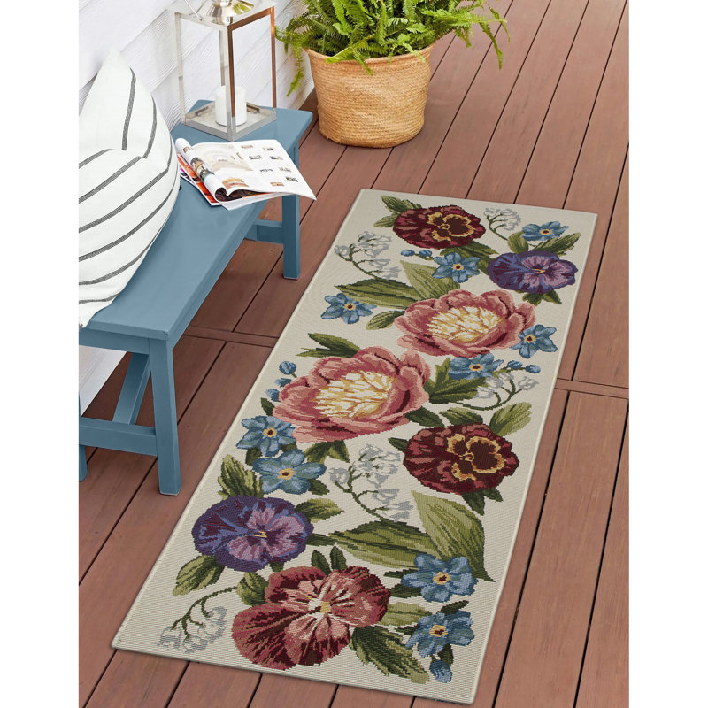 Andreane Floral Synthetic Non-Skid Kitchen Mat, Cream, Runner 1'11" x 4'11"