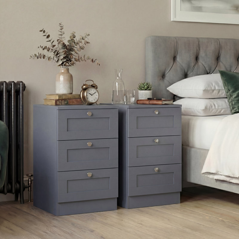 Tasneem 3 Drawer Bedside Chest Set Of 2, White, Grey