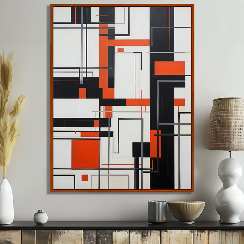 Art moderne mural géométrique modernisé, Toile avec cadre flottant brun, H 40 po x l 30 po x P 1,5 po