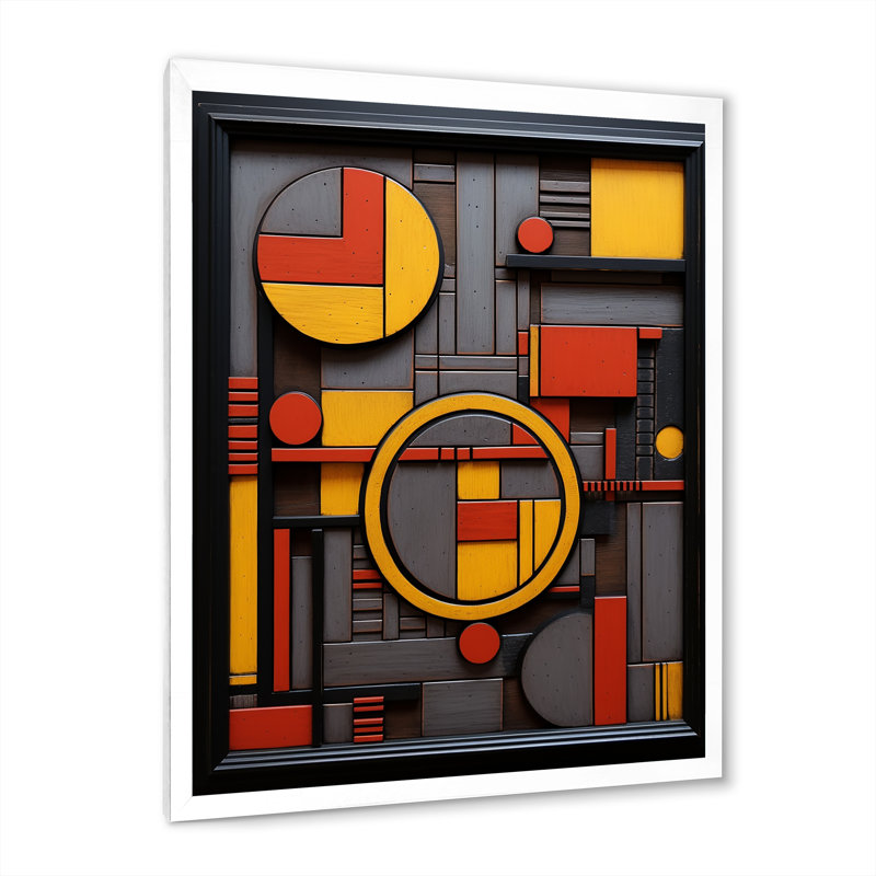 Rétro géométrie en jaune et rouge I - impression sur toile géométrique moderne, Cadre simple blanc