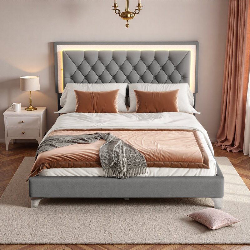 Grand cadre de lit tapissier grand avec lumières DEL, lit plateforme moderne en velours avec tête de lit capitonnée, Gris