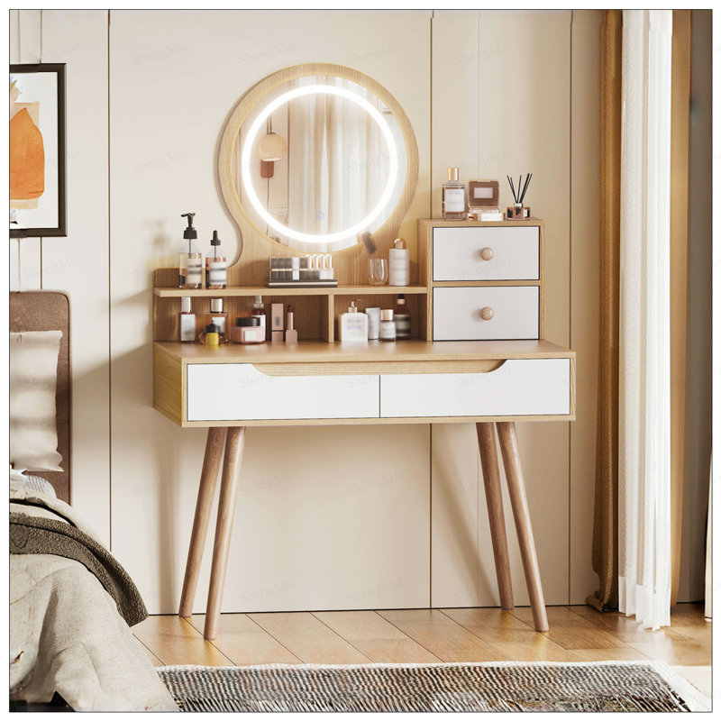 Ensemble de coiffeuse avec 3 miroirs lumineux réglables et pieds en bois massif, ensemble de coiffeuse avec 4 tiroirs et 3 tablettes ouvertes pour les petites chambres