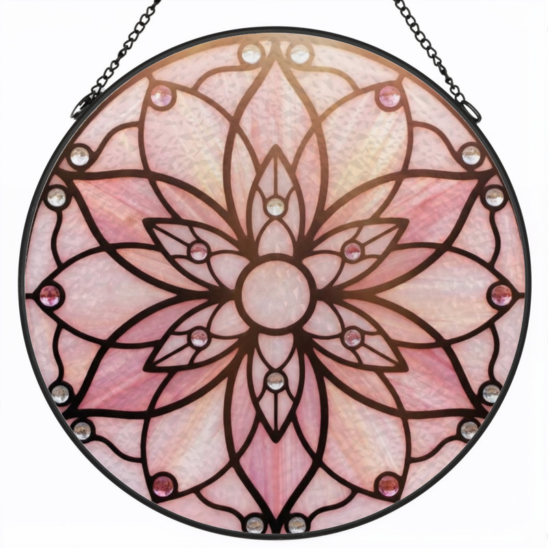 7.8"H Floral Pattern Stained Glass Window Panel, 7.8" H x 7.8" W
