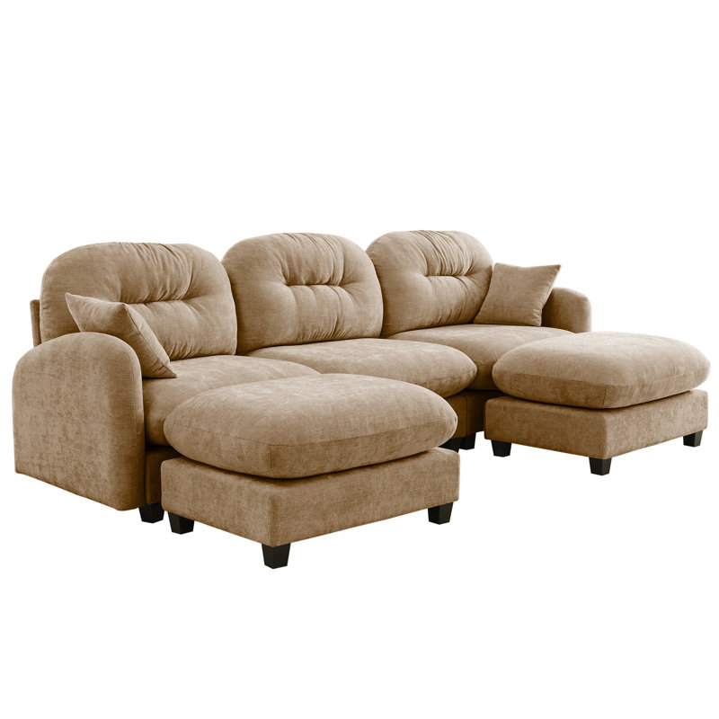 3 - Seat Chenille Modular U Shaped Couch With , Ergonomic Design, Camel Color, 2 Throw Pillows And Pillows, Easy Install, Design