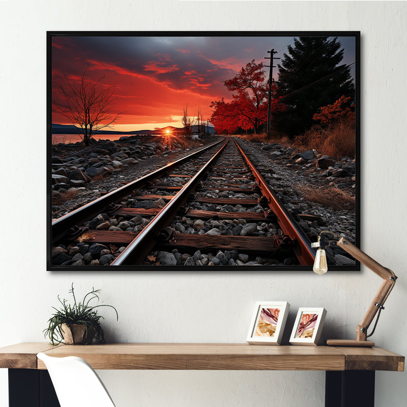Train, train rouge, paysage I, Cadre flottant noir, H 16 po x l 32 po x P 1 po