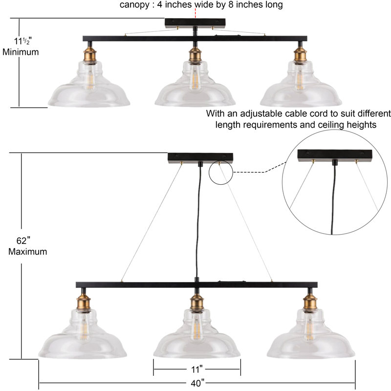 Weilers 3 - Light Kitchen Island Pendant, Antique Brass