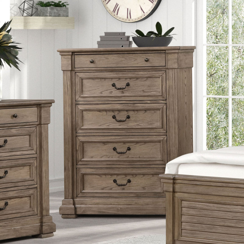 Transitional Weathered Gray 39"W X 19"D X 52"H Solid Wood Chest with 5-Drawer for Bedroom, Living room