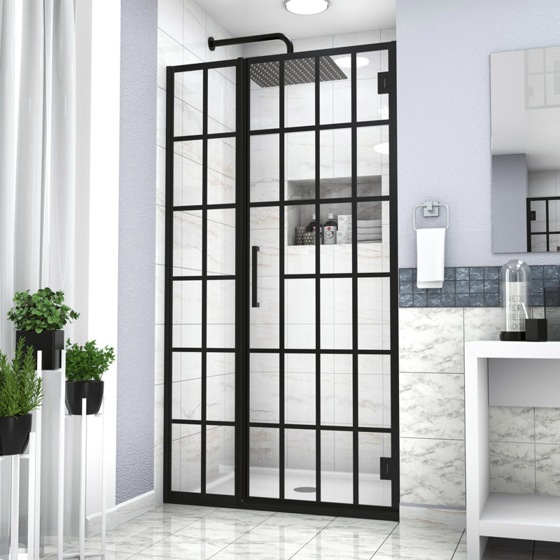 Porte de douche l 40 po x H 72 po noir mat avec porte pivotante pour salle de bain