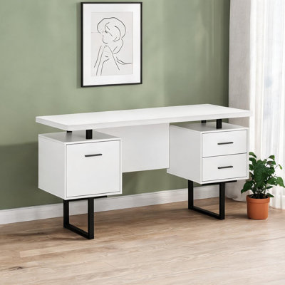 Bureau d'ordinateur 60 pouces à finition blanche avec tiroirs et base en U en métal pour bureau à domicile