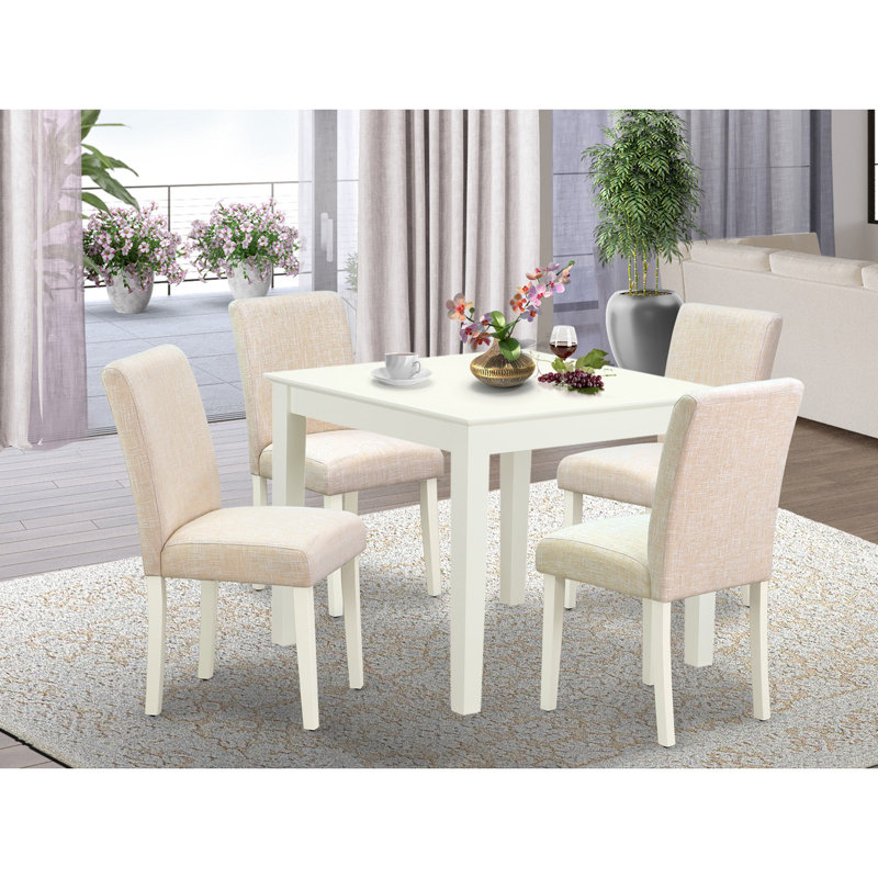 5 Piece Dining Table Set for 4 Includes a Square Kitchen Table and 4 Light Beige Linen Fabric Upholstered Parson Chairs, Linen White