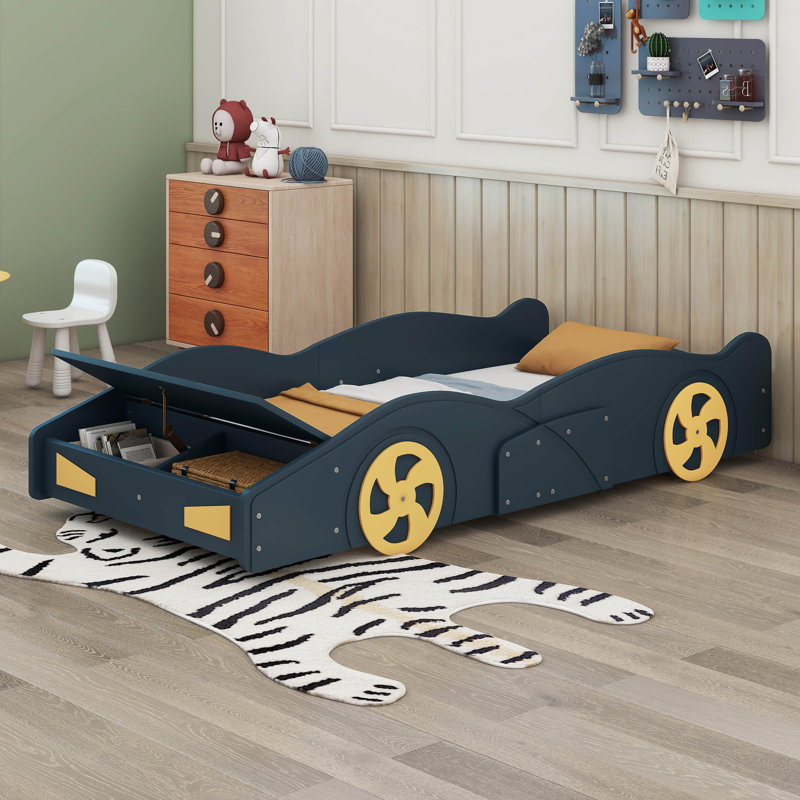Lorden Twin Size Race Car-Shaped Platform Bed, Dark Blue/Yellow, Twin