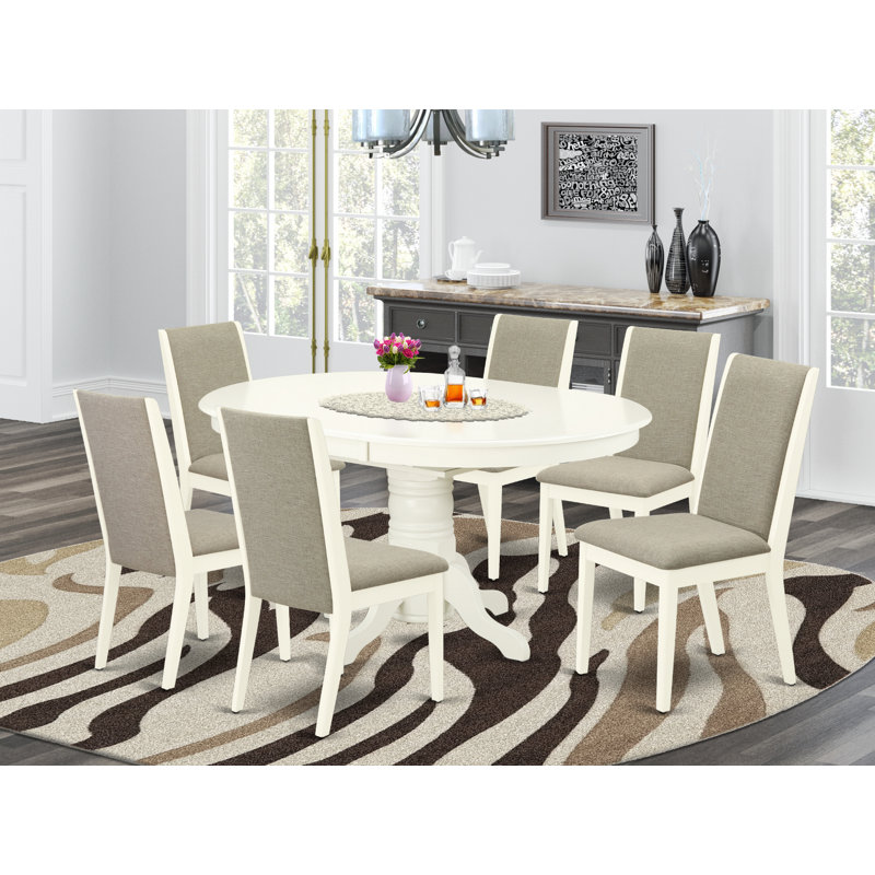 Ensemble de mobilier de salle à manger 7 pièces composé d'une table ovale en bois avec feuille papillon et 6 chaises Parson en tissu Shitake, lin blanc