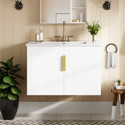 Meuble-lavabo vintage de 30 po avec lavabo en céramique à 3 trous, 2 portes à fermeture douce, rangement spacieux, fixation murale, matériaux, quincaillerie de corrosion avec trous blancs, tablette réglable, finition grattée,
