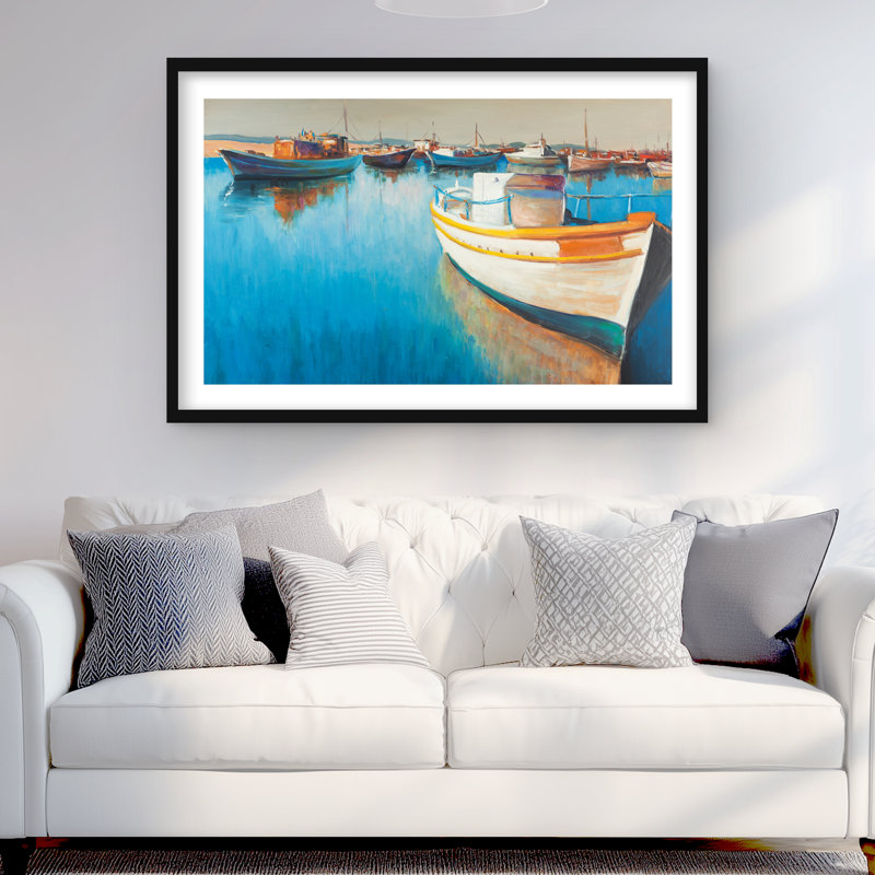 «Fishing Boat at the Marina - Blue Coastal», reproduction encadrée