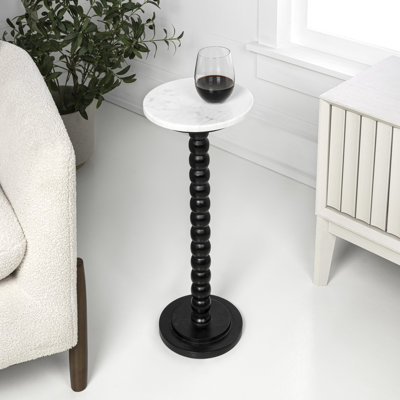 Monroe 24.25" Rustic Spindle Wood Drink Table and Decorative End Table with White/Beige Marble Round Top