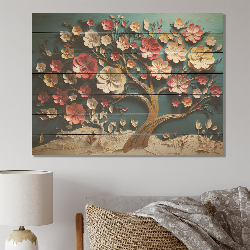 Orchidée rose et bleue, branches d'arbre I, impression sur bois, H 34 po x l 44 po