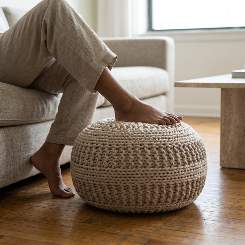 Verica 20" Wide Round Hand-Woven Upholstered Pouf Ottoman, Beige