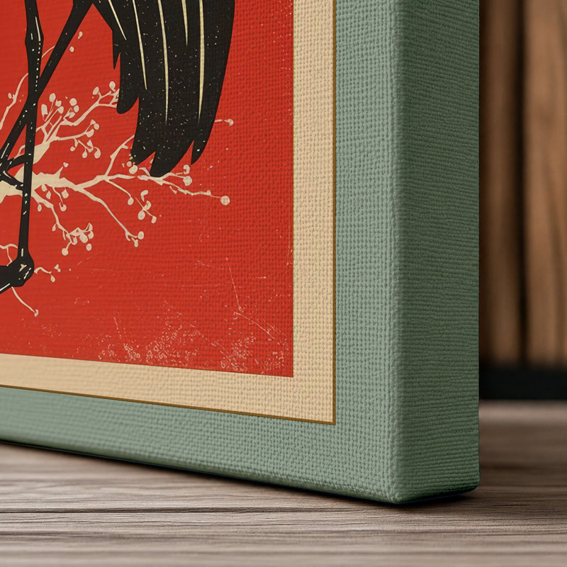 Crane in Red Japandi - Wrapped Canvas, 18x12 - 45.7 x 30.5 cm, Sage Border