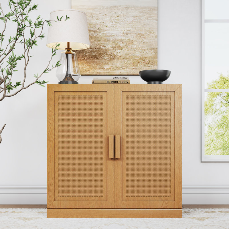 Armoire d'appoint en bois massif avec portes en rotin Caleb, H 36 po x l 31 po x P 16 po, Chêne