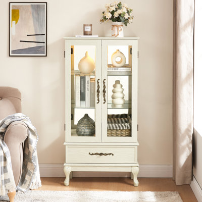 Armoire en verre illuminée avec design rétro, tablettes réglables en poignée en métal blanc antique