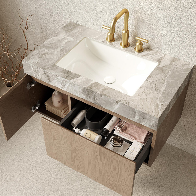 36" Bathroom vanity unit with sintered stone top and ceramic basin, Light Grey, Light Brown, 36