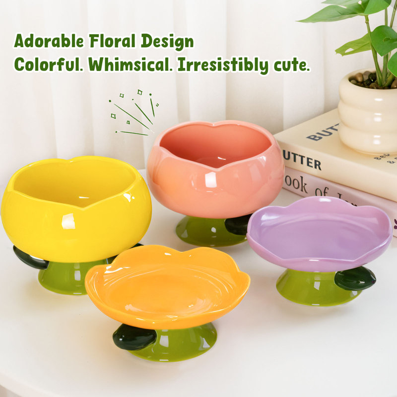 100% Handmade Ceramic material 5.9''Flower Shape Cat Yellow Bowl, Yellow