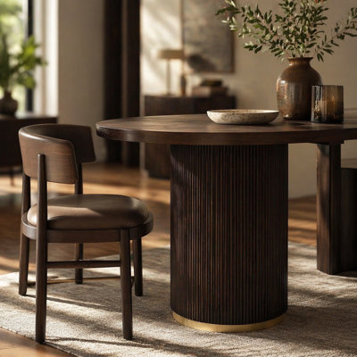 Dining Table, Oval Shape, Double Pedestal, Solid & Engineered Wood, Half-Moon Legs, Vertical Grooves, Natural Grain Finish, Fits Up To Six People