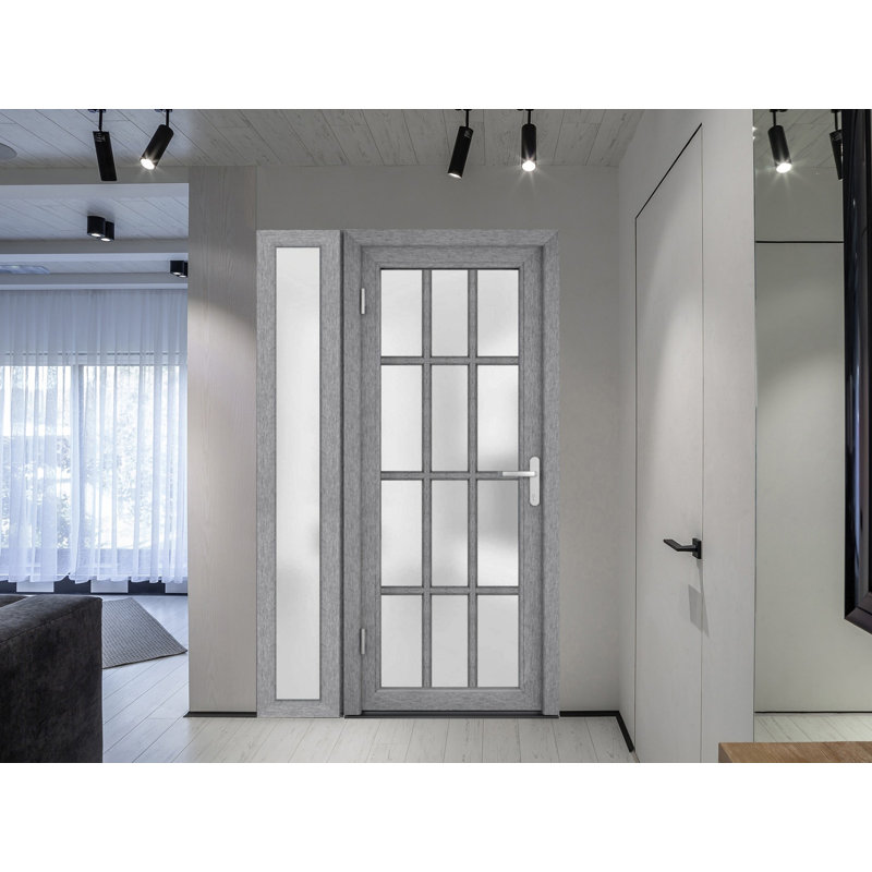 Front Exterior Prehung FiberGlass Door Frosted Glass / Manux 8312 Grey Ash / Side Exterior Window / Office Commercial and Residential Doors Entrance Patio Garage-W36+12" x H80"-Right-hand Inswing