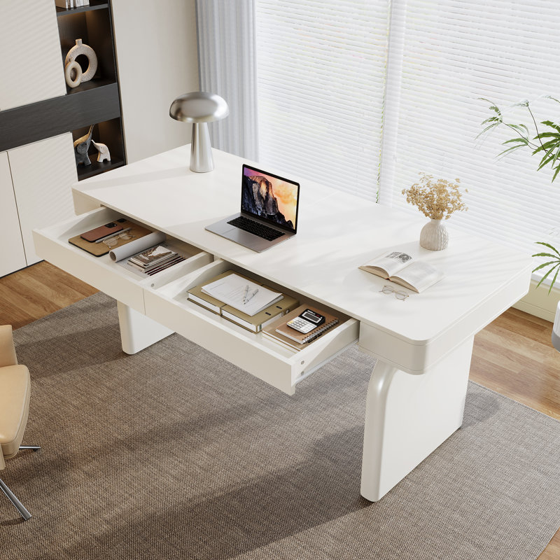 Bureau 63 po blanc avec tiroirs, bureau de direction moderne brillant, White