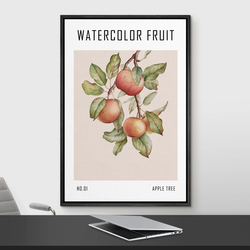 Aquarelle, pastel, pommier, fruit, style Mid-Century, minimaliste, chic, relax, calme, coloré, Noir, H 24 po x l 16 po