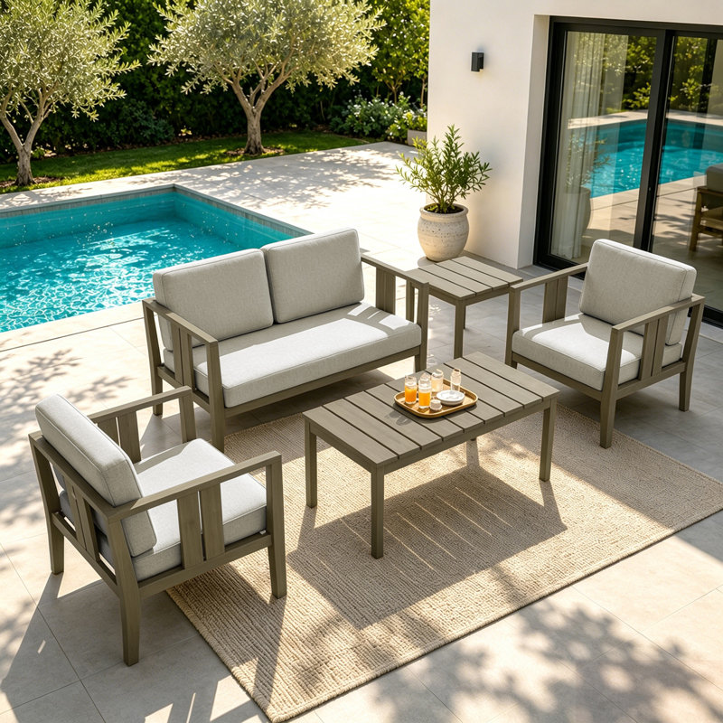 Ensemble de patio d'extérieur pour quatre personnes en teck avec coussins et deux tables Junco, Brun, Chameau clair