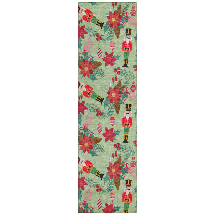 Machine Washable Indoor/Outdoor Christmas Nutcracker Xhevrie Aloe Rug