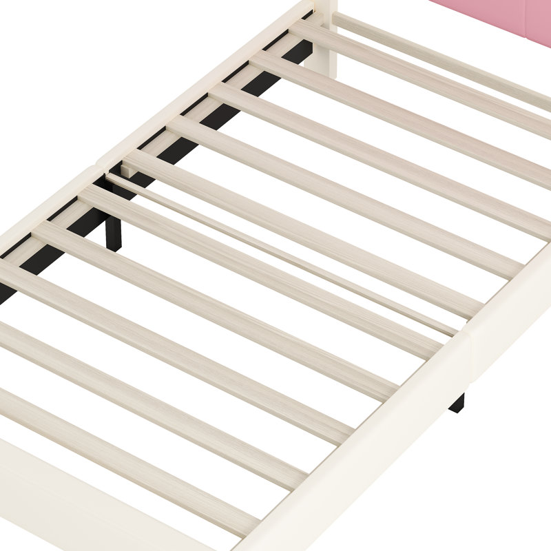 Lit simple princesse avec tête de lit couronne - lit plateforme tapissier pu crème et rose