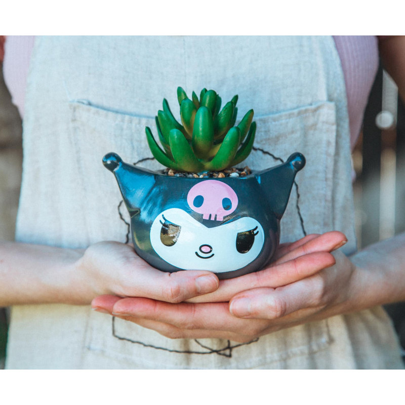Mini pot à fleurs en céramique à tête souriante Sanrio Kuromi avec plante grasse artificielle
