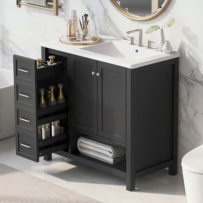 Meuble-lavabo de 36 pouces avec lavabo en céramique, deux portes, deux tiroirs et une tablette ouverte pour un rangement efficace