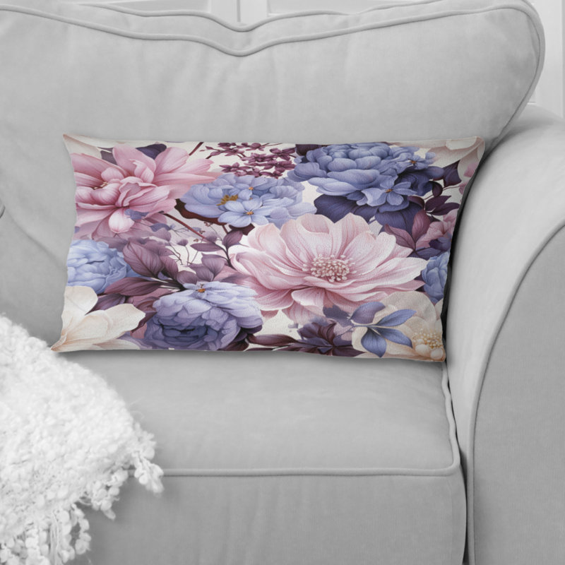 Oreiller imprimé floral bleu et mauve