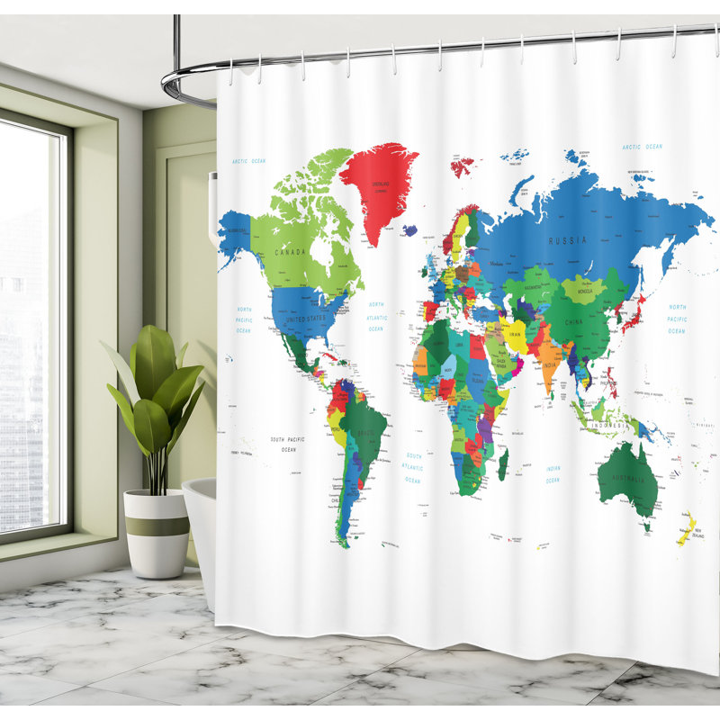 Ensemble de rideau de douche avec crochets World Map, H 84 po x l 69 po