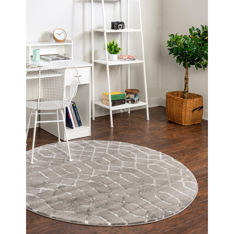 Tapis gris argenté à motif géométrique glam, Rond 7 pi 10 po