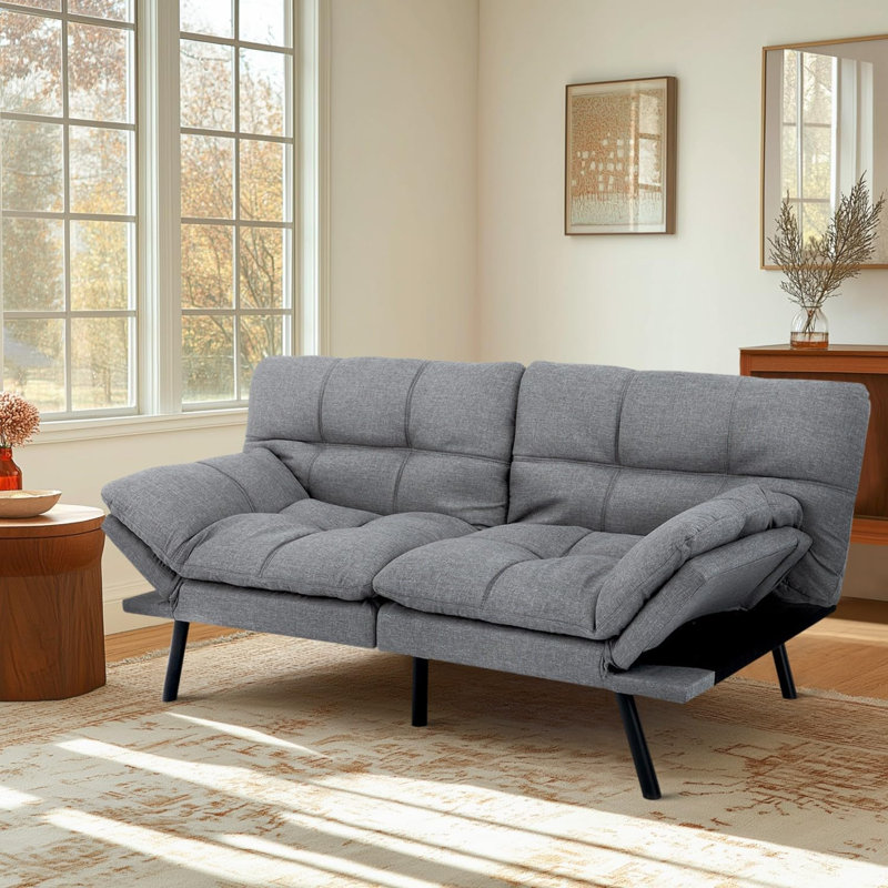 Futon Sofa Bed With Adjustable Armrests & Backrests & 2.5" Plush Memory Foam, 71" Couches For Living Room, Light Gray Linen