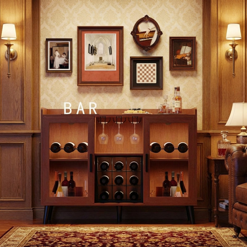 Armoire à vin de 47 po avec lumières à DEL et portes en verre, station de café en bois avec porte-bouteilles et porte-verre, armoire à alcool moderne pour la maison, cuisine, appartement en noyer