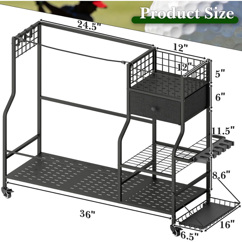 Organisateur de sacs de golf pour le garage, support de rangement de golf avec 6 fentes pour club, tiroir en tissu et roues verrouillables, peut contenir 2 sacs, pour le rangement de golf à la maison