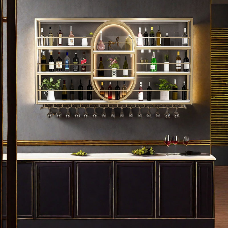 Support à vin léger mural rond de luxe, Noir, noir, noir, noir, 47.2" H x 59" W x 7.8" D